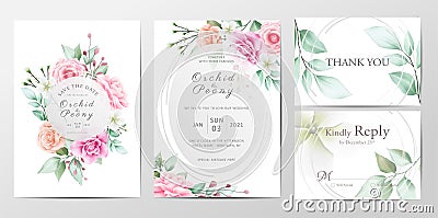 Modern wedding invitation cards template with watercolor floral Vector Illustration