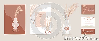 Modern wedding invitation pampas grass in vase card set. Autumn watercolor boho template Vector Illustration