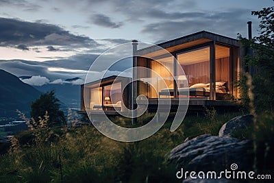 Modern wellness retreat in the mountains, wooden cabins Stock Photo