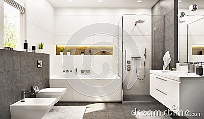 Modern white bathroom with bath and window Stock Photo