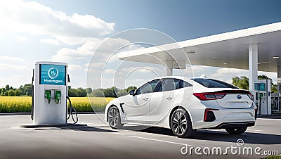 Modern white car parked in front of hydrogen refuelling station. Generative AI Stock Photo