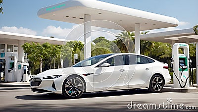 Modern white car parked in front of hydrogen refuelling station. Generative AI Stock Photo