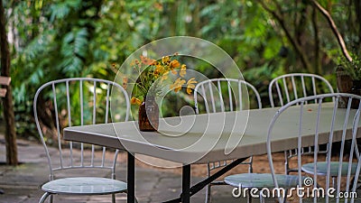 Modern white chair and table set up in the garden. Dining table in the outdoor garden decorated with yellow flower poppies in a Stock Photo