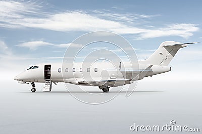 Modern white corporate jetliner with an opened gangway door isolated on bright background with sky Stock Photo