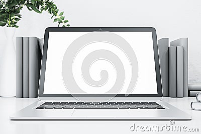 Modern white designer desktop with empty mock up computer monitor and books. Editorial Stock Photo