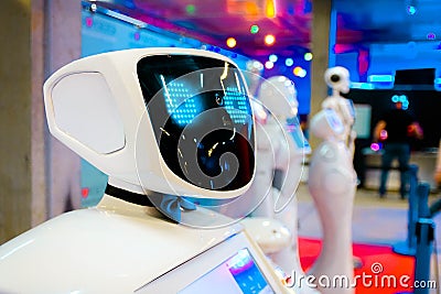 Close-up of humanoid smart robot head. Robots at the high technology exhibition Stock Photo