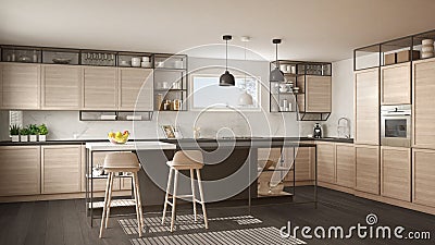 Modern white and gray kitchen with wooden details and parquet floor, modern pendant lamps, minimalistic interior design concept Stock Photo