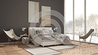 Modern white and gray minimalist bedroom, bed with pillows and blankets, parquet, bedside tables and carpet. Panoramic window with Stock Photo