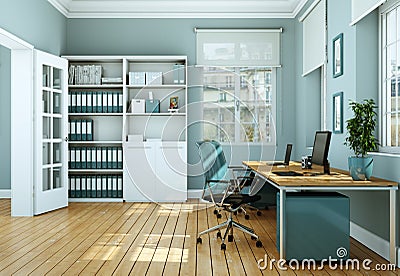 Modern white home office interior design 3d Rendering Stock Photo