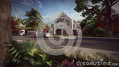 modern house cars and people in the village with trees foreground 3d illustration Cartoon Illustration