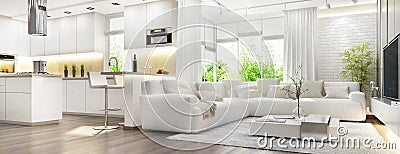 Modern white interior with white kitchen Stock Photo