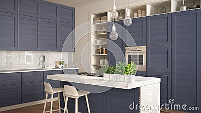 Modern white kitchen with blue wooden details in contemporary luxury apartment with parquet floor, vintage retro interior design, Stock Photo