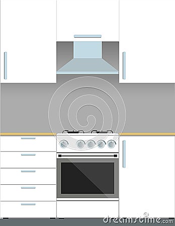 Modern white kitchen furniture and gas stove. Vector illustration in flat style. Cartoon Illustration