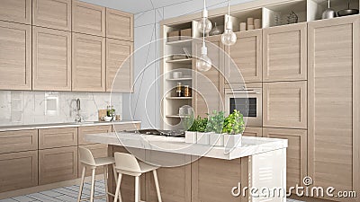 Modern white kitchen with wooden details in contemporary luxury apartment, interior design concept idea, black ink sketch in the Stock Photo