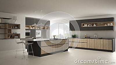 Modern white kitchen with wooden and gray details, minimalistic Stock Photo
