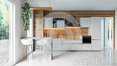 Modern white kitchen with wooden wall and marble floor, minimalistic interior design concept idea, 3D illustration Stock Photo