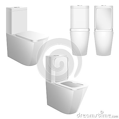 Modern white lavatory bowl with flush tank, opened and closed position Vector Illustration