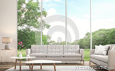 Modern white living room 3d render.There are large window. Overlooks to large garden. Stock Photo