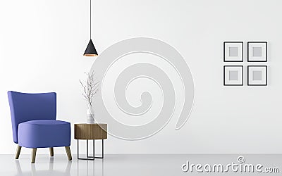 Modern white living room interior with blue armchair 3d rendering Image Stock Photo