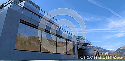 A modern white marble estate in the Caucasus Mountains. Long terraces fenced with glass and metal. Large reflective windows. 3d Stock Photo