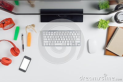 Modern White office desk table with computer,smart phone Stock Photo