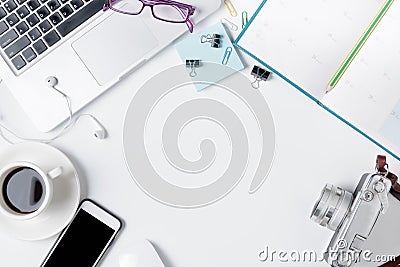 Modern white office desk table with laptop Stock Photo