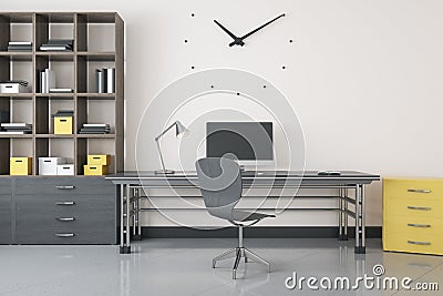 Modern white office interior with bookcase, workplace with computer, other items and concrete flooring. Stock Photo