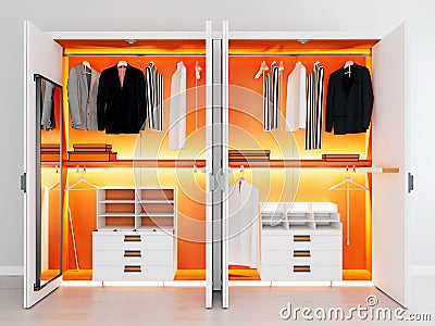 Modern white orange wooden and metal wardrobe with men clothes hanging on rail in walk in closet design interior Stock Photo