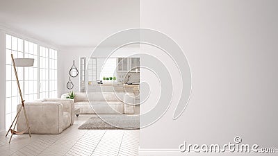 Modern white scandinavian living room with sofa, carpet and kitchen on a foreground wall, interior design architecture idea, Stock Photo