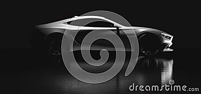 Modern white sports car on black background. Side view Cartoon Illustration