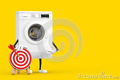 Modern White Washing Machine Mascot Character with Archery Target and Dart in Center. 3d Rendering Stock Photo