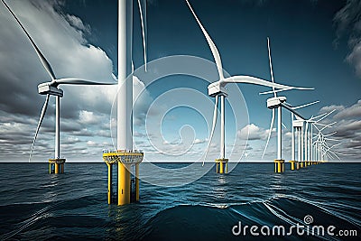 Modern wind turbines in sea at sky background AI generated Cartoon Illustration