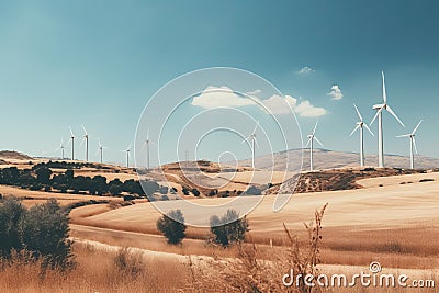 Modern windmills for generating electricity in sunny summer weather stand in a desert area Stock Photo