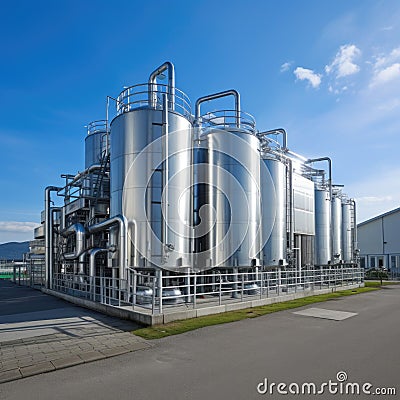 Modern wine factory with large shine tanks for the fermentation Stock Photo