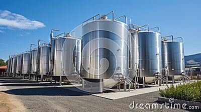 Modern wine factory with large shine tanks for the fermentation Stock Photo