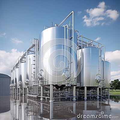 Modern wine factory with large shine tanks for the fermentation Stock Photo