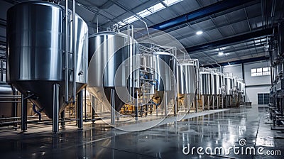 Modern wine factory with large shine tanks for the fermentation Stock Photo