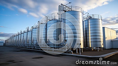 Modern wine factory with large shine tanks for the fermentation Stock Photo