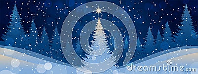Modern winter background with night forest, New Year tree, star and falling snow. Festive banner for the New Year and Vector Illustration