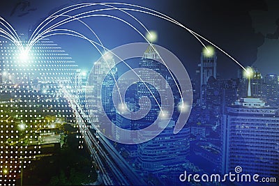 Modern wireless connection technology in smart city. Closeup dots globe with connection lines and dots over high building in Stock Photo