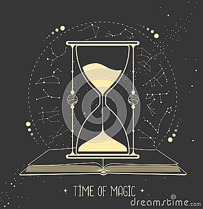 Modern witchcraft magic card with open book, hourglass and astrology constellation. Horoscope. Vector Illustration