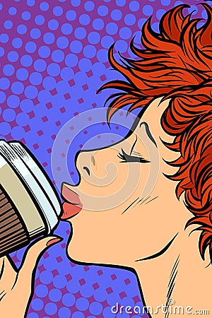 Modern woman drinks a paper Cup of coffee. Girls 80s Vector Illustration
