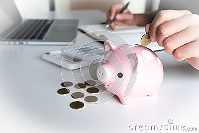 Modern woman putting Coin In pink Piggy Bank, step up growing business to success and saving for retirement concept Stock Photo