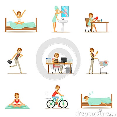 Modern Woman Daily Routine From Morning To Evening Series Of Cartoon Illustrations With Happy Character Vector Illustration