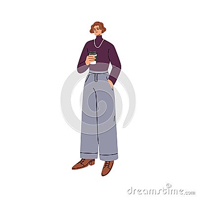 Modern woman with takeaway coffee in paper cup. Girl standing in fashion outfit, casual clothes, holding take-away tea Vector Illustration