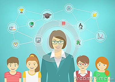 Modern Woman Teacher and Kids Vector Illustration