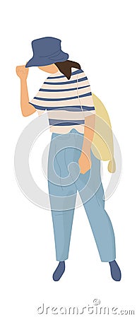 Modern woman walking. Female character going for a walk in park. Leisure activities, girl walking outdoors in jeans, t Vector Illustration