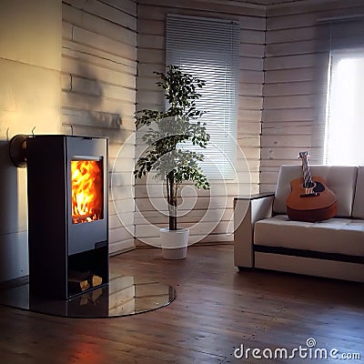 Modern wood burning stove inside cozy living room Stock Photo