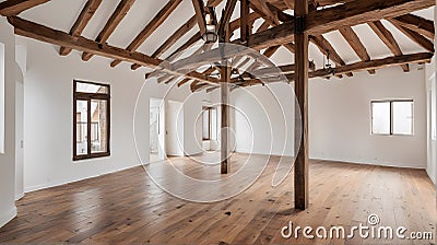 Modern wood Empty attic with white walls, wooden floor, and exposed wooden beams. Close up Stock Photo
