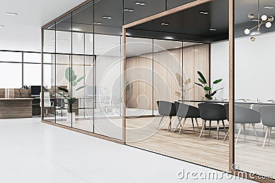 Modern wooden, concrete and glass meeting room interior with furniture and partitions. Workplace concept. Stock Photo